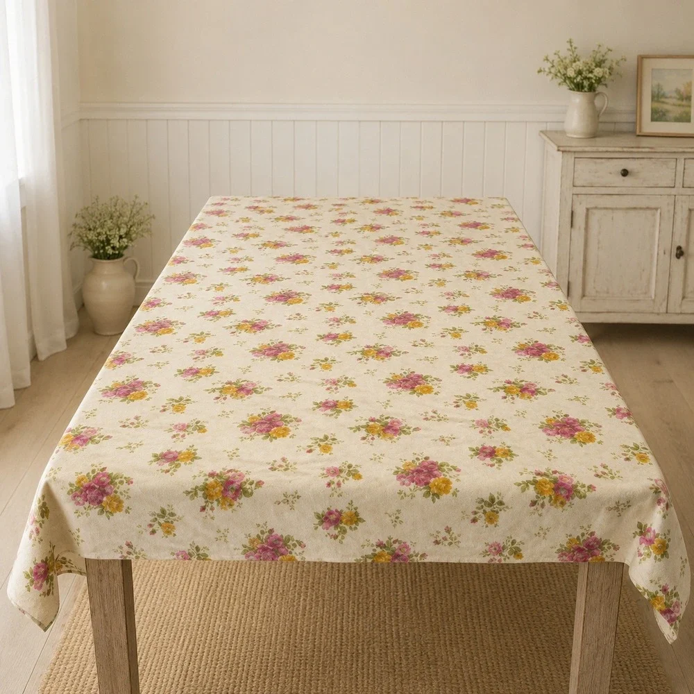 Royal Albert Floral Rose Cotton Tablecloth White Appox 56x96 Rectangular Cottage